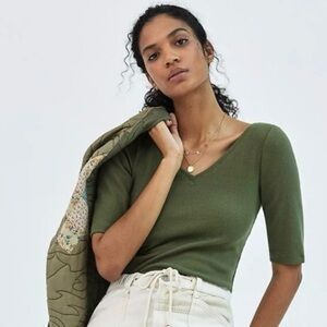 Anthropologie Nora Ribbed Top Moss Green NWT XL Short Sleeve Casual Comfy
